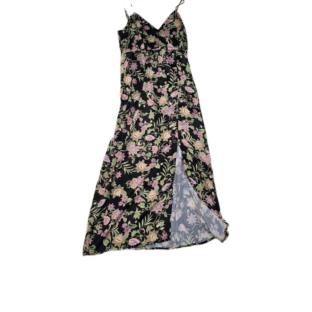 NSR Floral Maxi Dress Size M Black Pink Boho Satin Finishâ High Slit V-Neck...